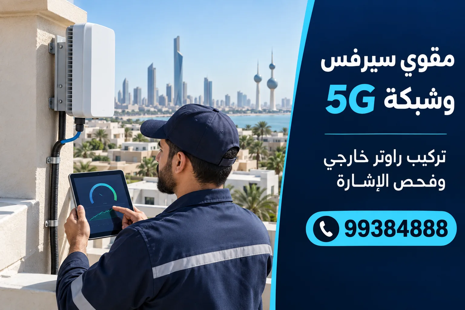 راوتر 5G خارجي مثبت على جدار مبنى وفني يفحص سرعة الاتصال على جهاز لوحي