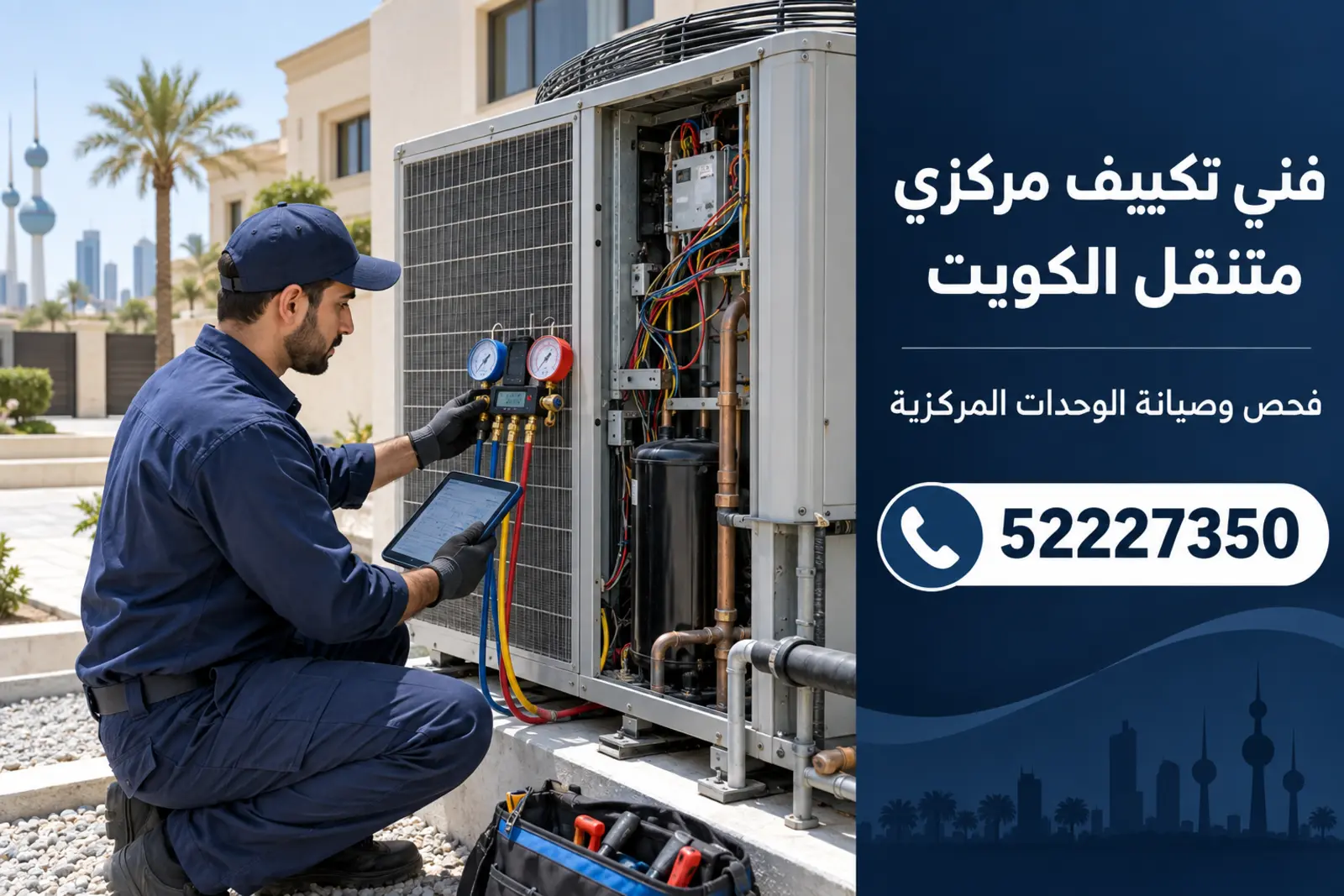 فني تكييف مركزي يفحص وحدة خارجية بمقاييس الضغط في الكويت