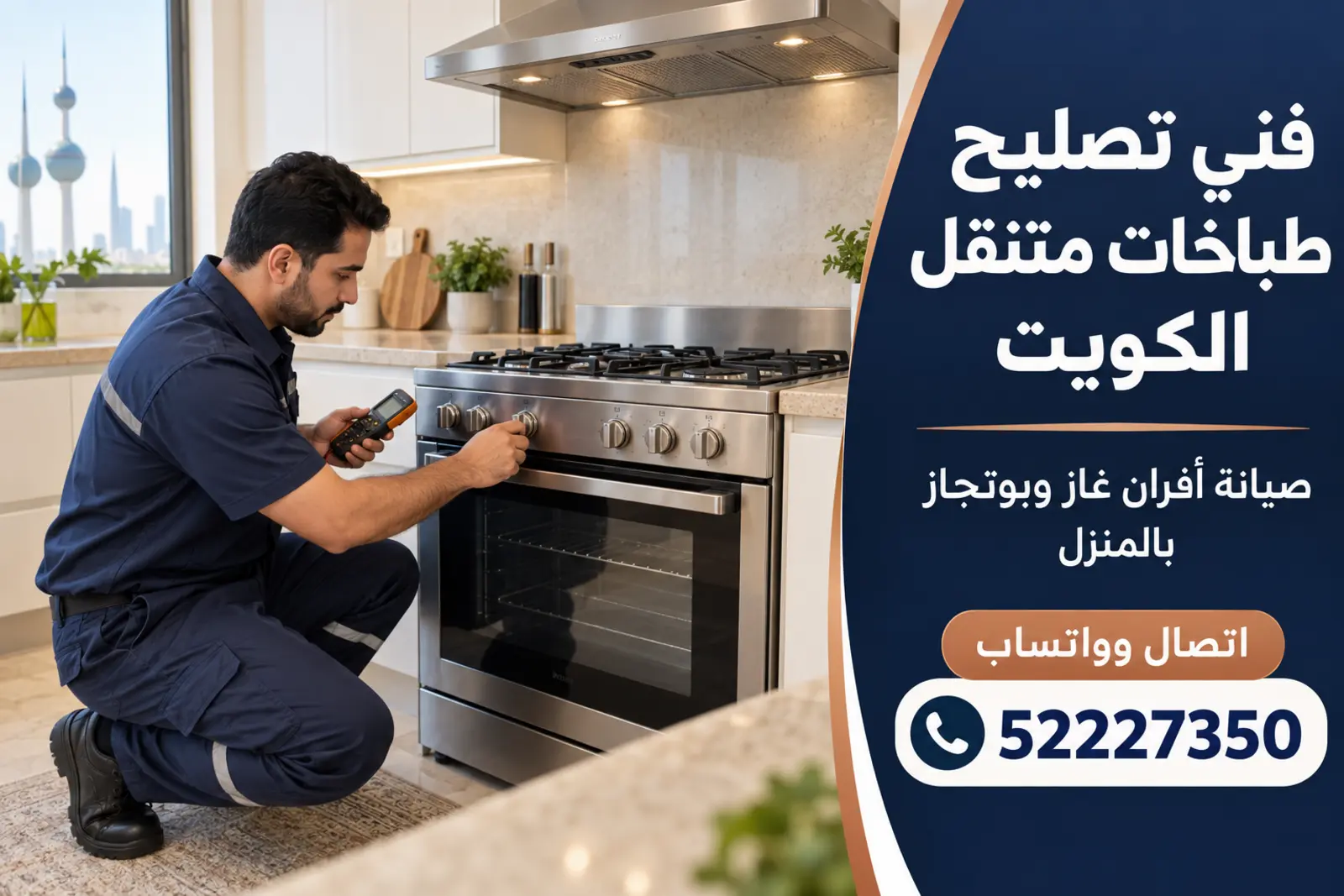 فني يفحص طباخ غاز وفرنًا داخل مطبخ منزل في الكويت