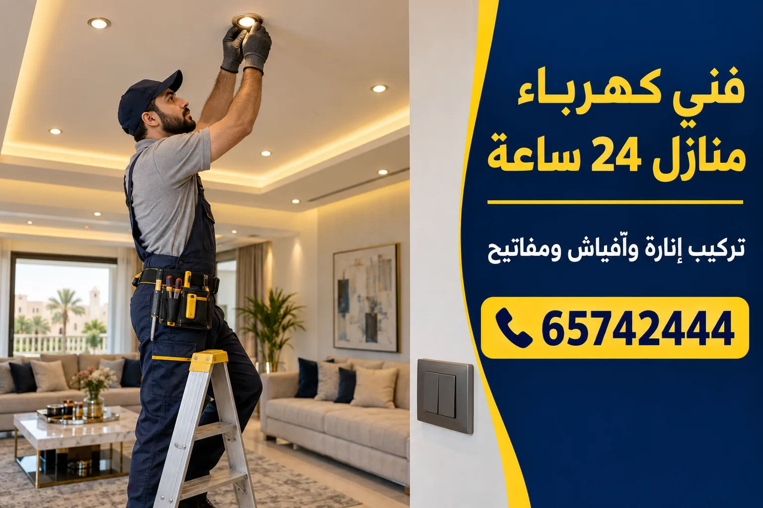 فني كهرباء يركّب سبوت لايت في سقف جبس بورد داخل صالة منزل