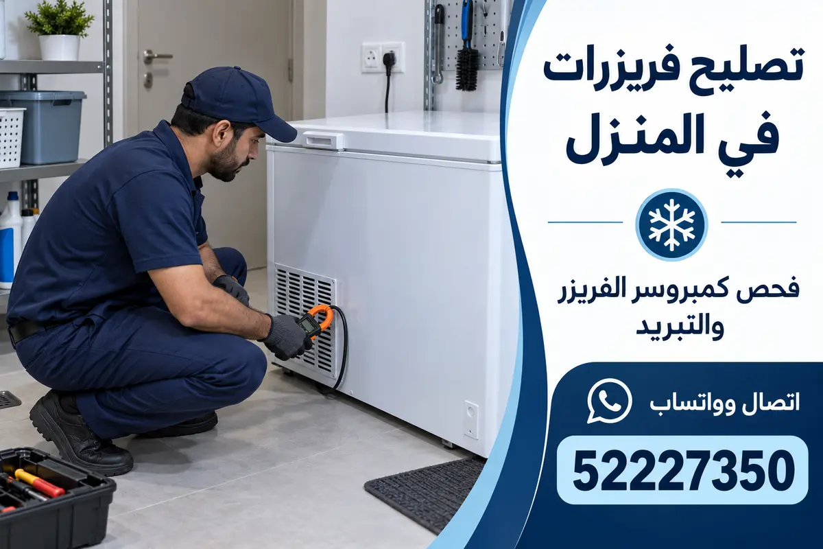 فني يفحص كمبروسر فريزر أفقي صندوقي في المنزل