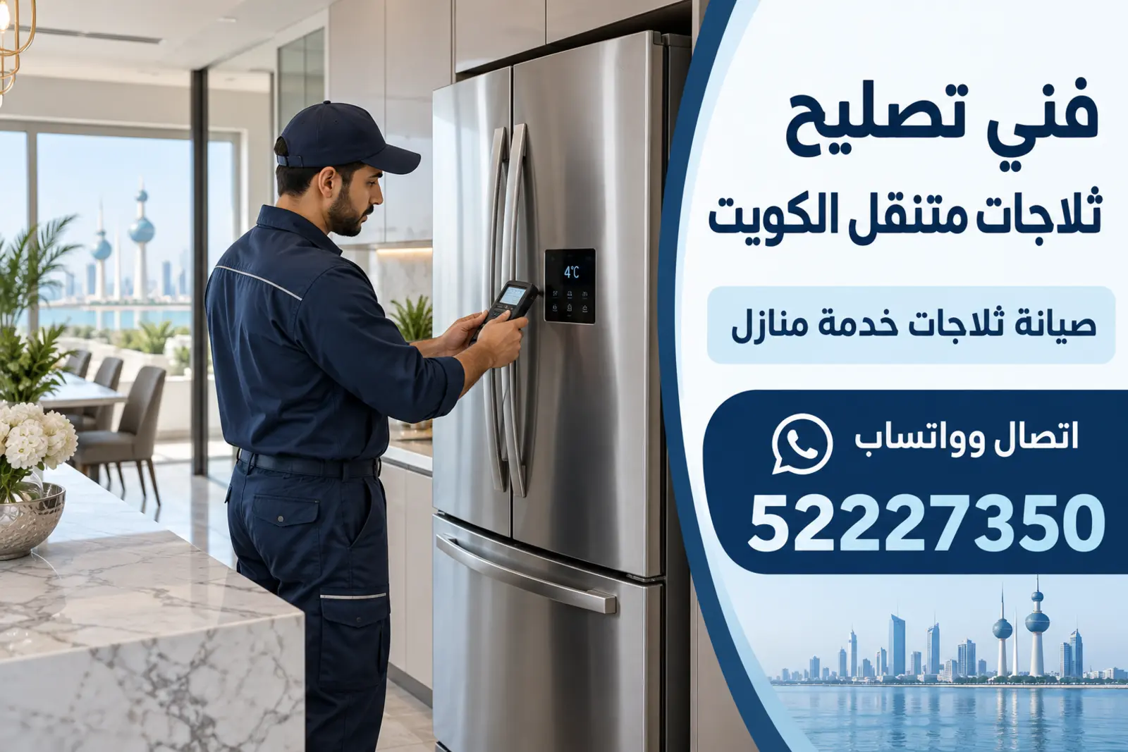 فني يفحص ثلاجة حديثة بشاشة رقمية داخل مطبخ منزل في الكويت