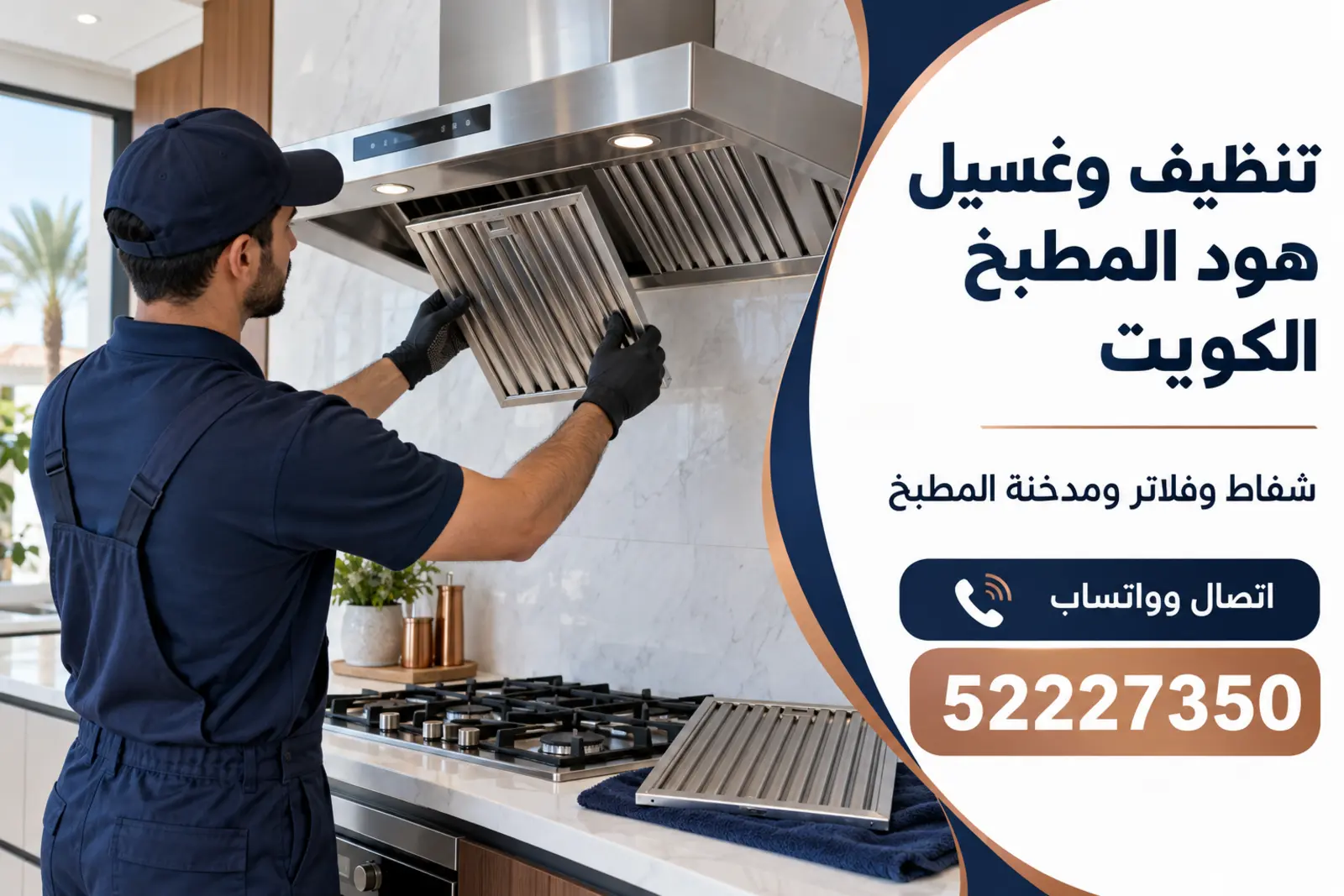 فني ينظف فلاتر هود مطبخ منزلي فوق طباخ غاز في الكويت