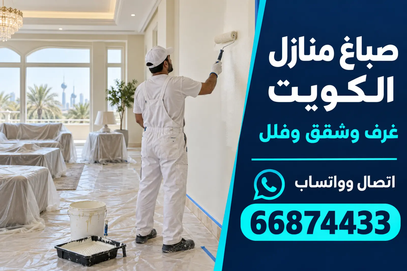 صباغ يدهن جدار غرفة في منزل بالكويت مع تغطية الأرضية والأثاث