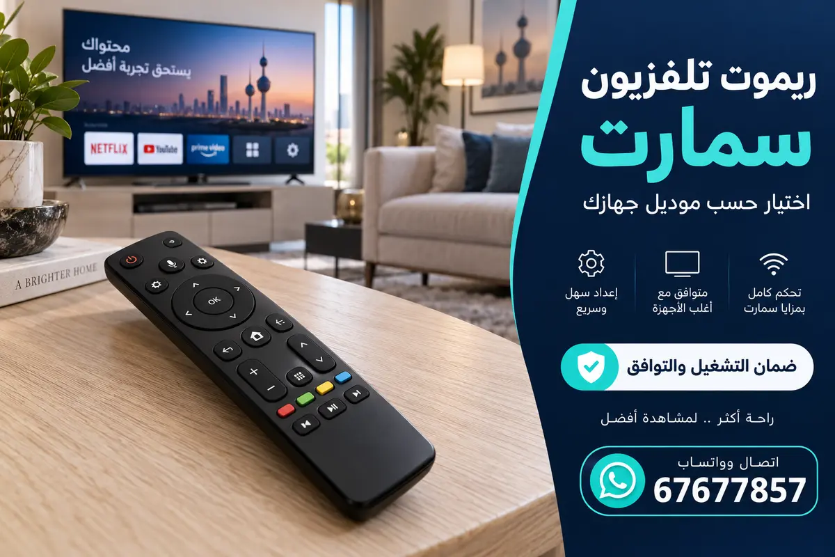 ريموت تلفزيون سمارت بأزرار تطبيقات أمام شاشة ذكية