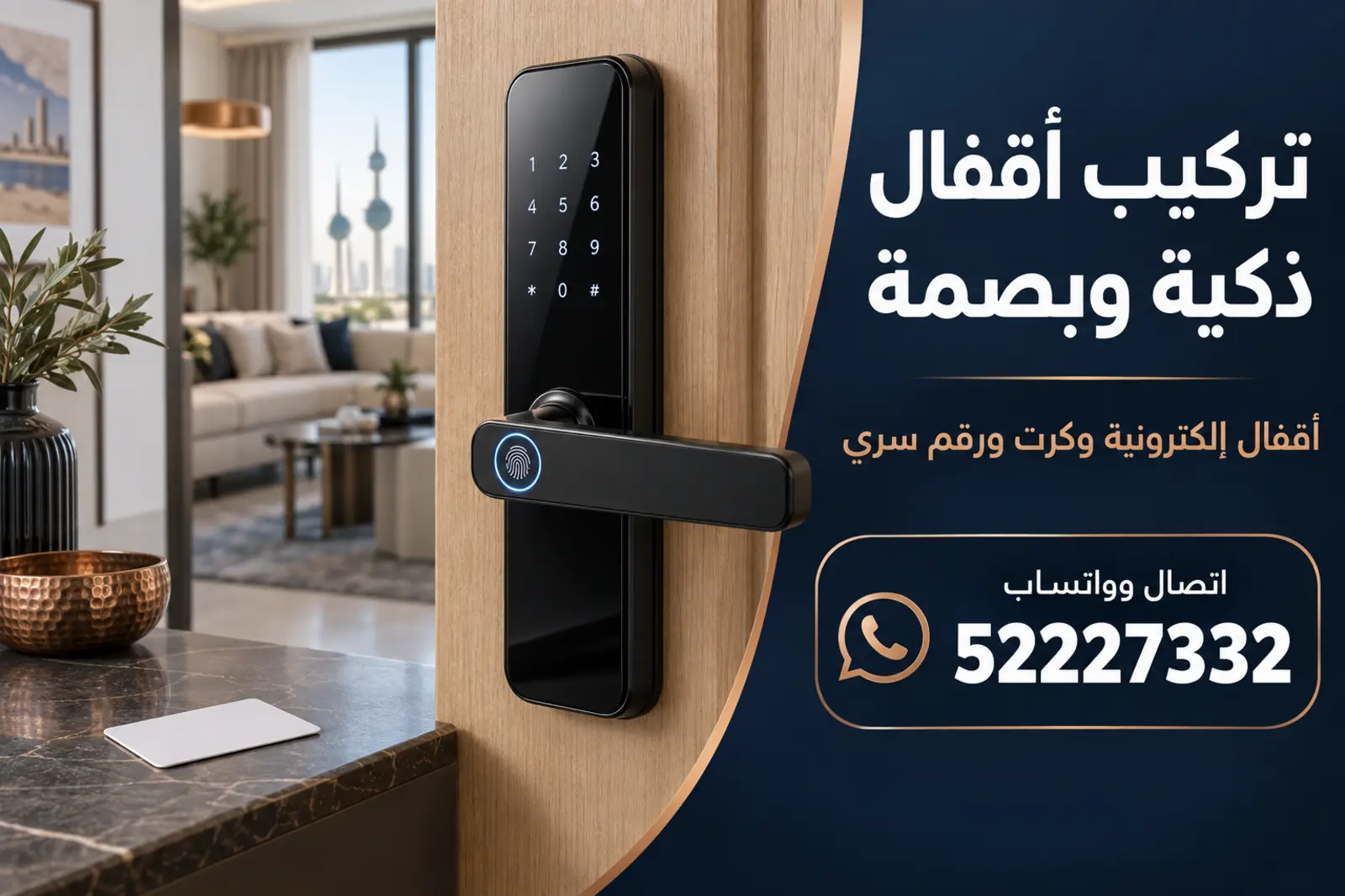 قفل باب ذكي بالبصمة ولوحة أرقام مركّب على باب شقة في الكويت
