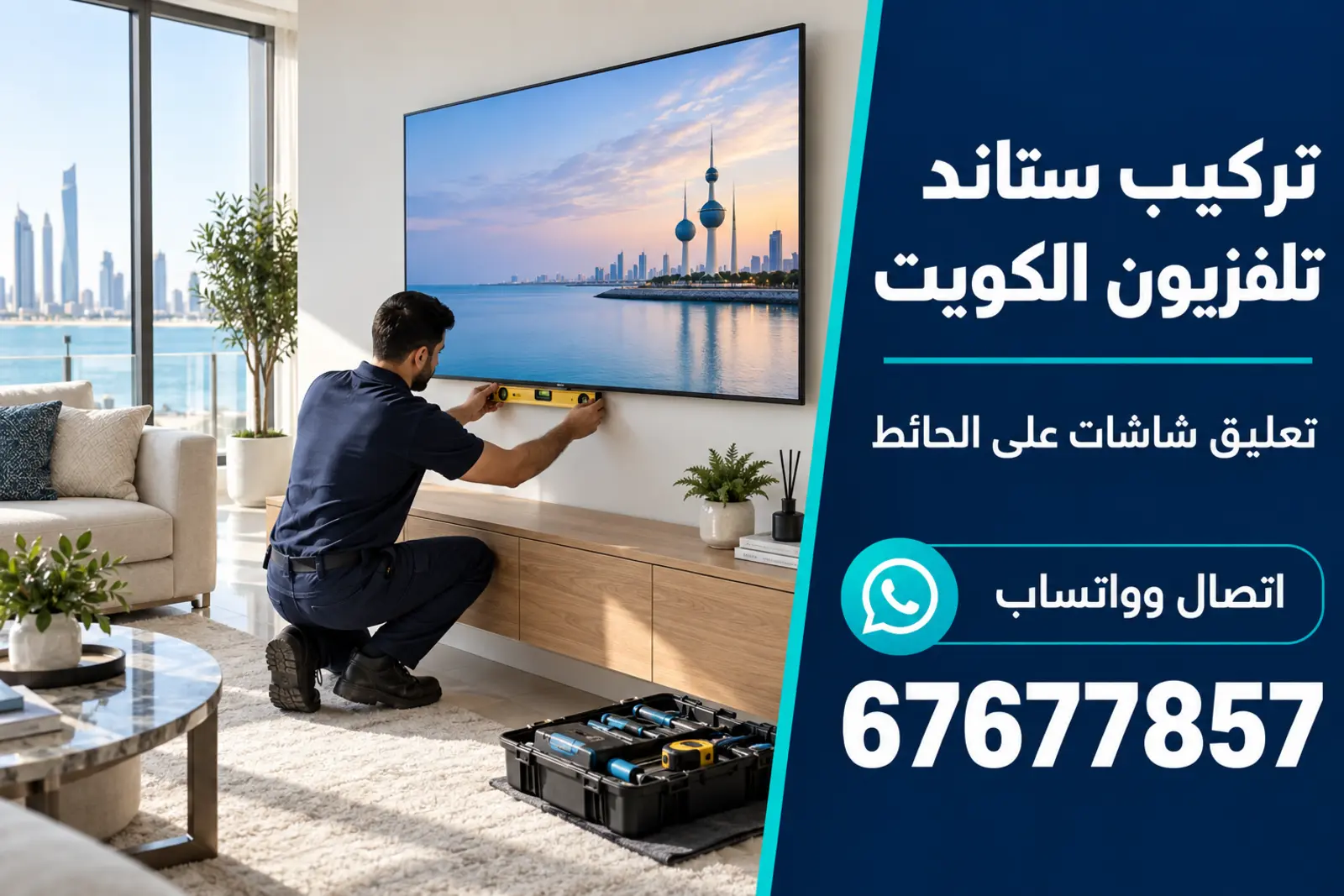 فنّي يضبط استواء شاشة تلفزيون مركّبة على الحائط في الكويت