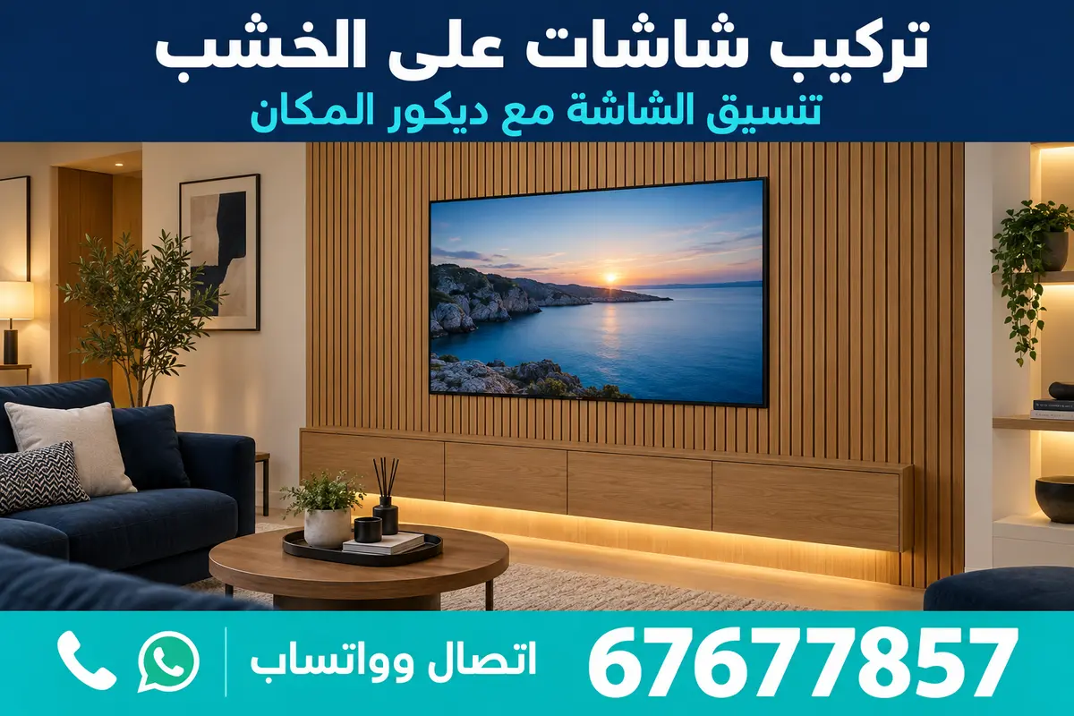 شاشة تلفزيون مركّبة على ديكور جداري خشبي مع إضاءة مخفية