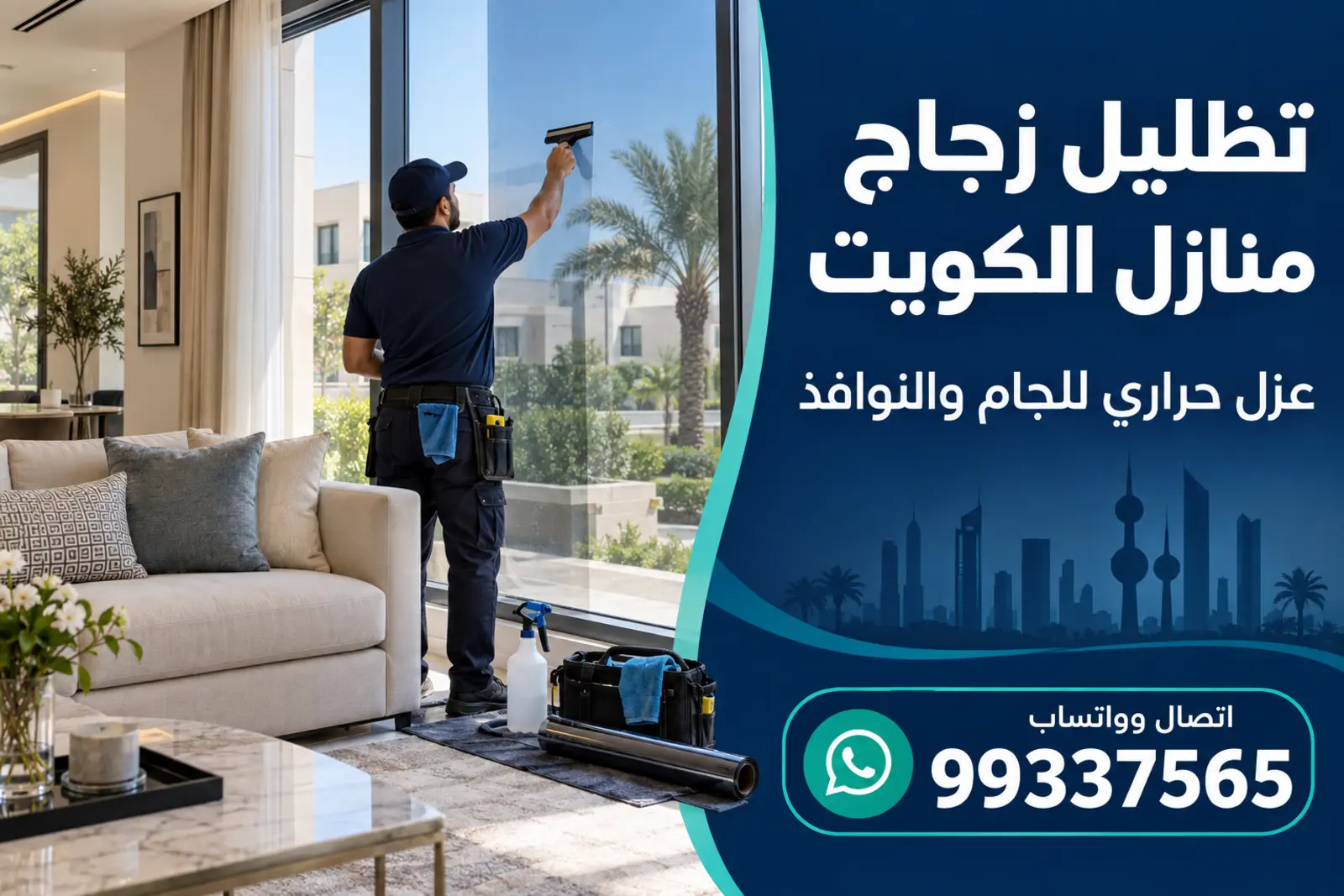 صالة منزل مضاءة طبيعيًا بنوافذ زجاجية كبيرة بعد تركيب فيلم تحكم شمسي