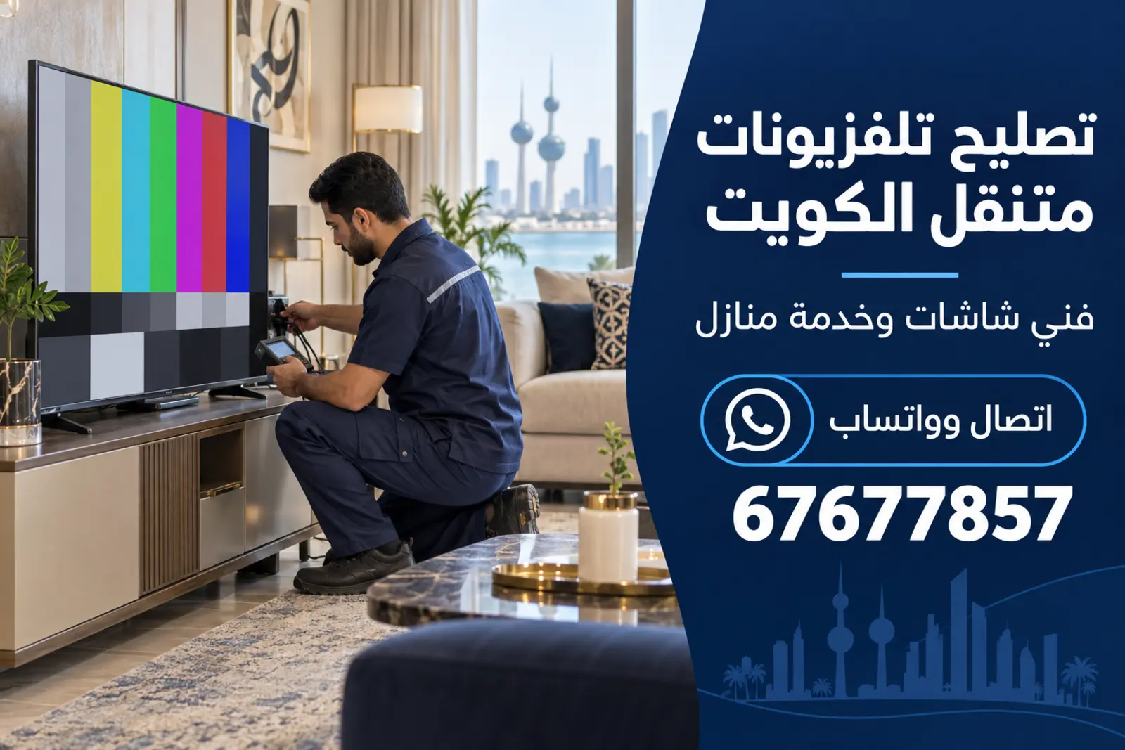 فني تلفزيونات يفحص شاشة ذكية داخل صالة منزل في الكويت