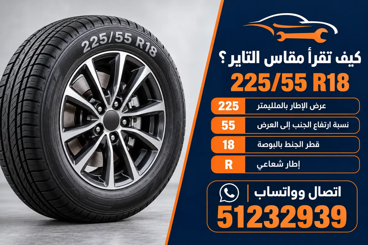 رسم توضيحي لقراءة مقاس التاير 225/55 R18 ومعنى كل رقم