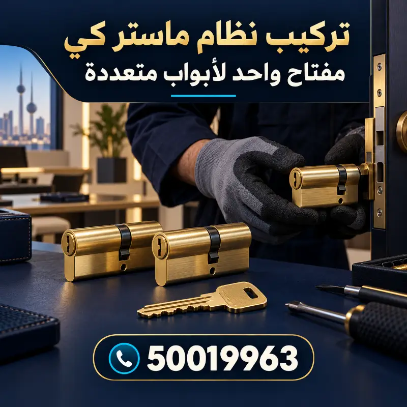 فني يركّب سلندر قفل ضمن نظام ماستر كي مع سلندرات ومفتاح على الطاولة