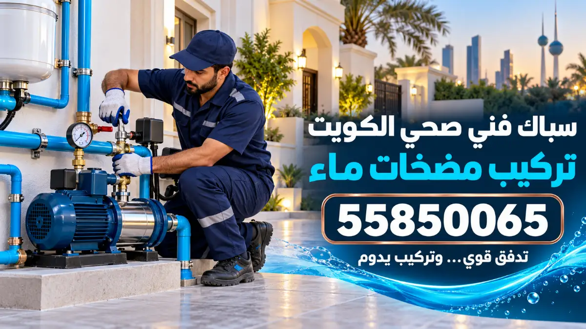 فني صحي يركّب مضخة تقوية ضغط ماء مع خزان ضغط وعداد بجانب منزل في الكويت